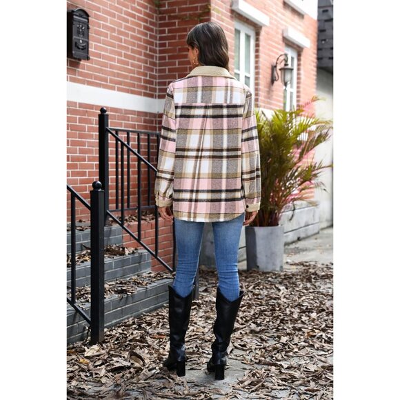 Womens Flannel Jacket Fleece Lined Shacket Fall Outfits Plaid Sherpa Button Down - Picture 5 of 8